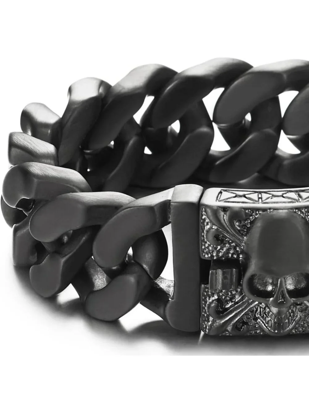 Vintage Large Curb Chain Bracelet for Men, Brushed Steel, Fleur De Lis & Skull